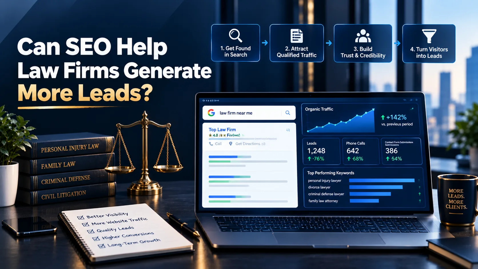 Law firm SEO lead generation journey from search visibility to qualified traffic, trust, and enquiries
