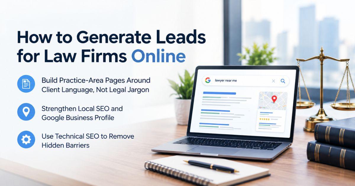 How law firms generate leads online through client-focused practice pages, local SEO, and technical SEO