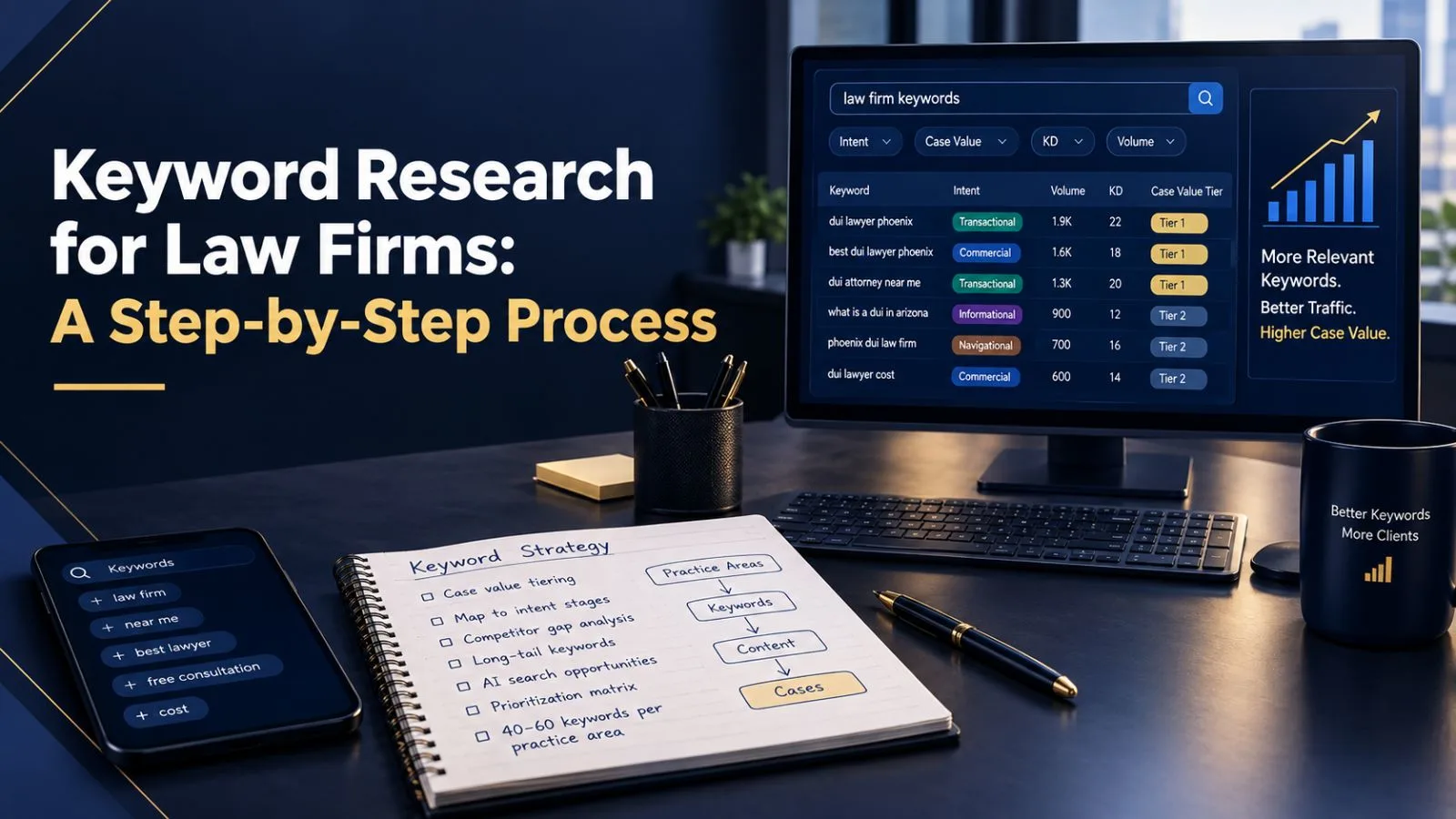 Illustration of a search bar branching into a keyword research tree