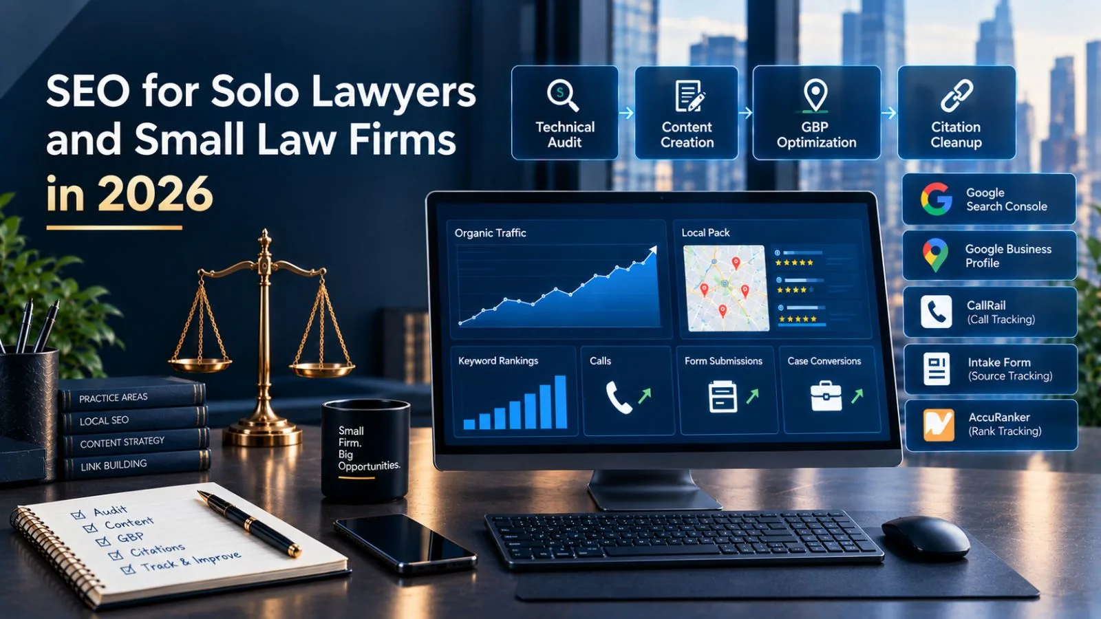 Illustration of a single small law office building connected to a search visibility network