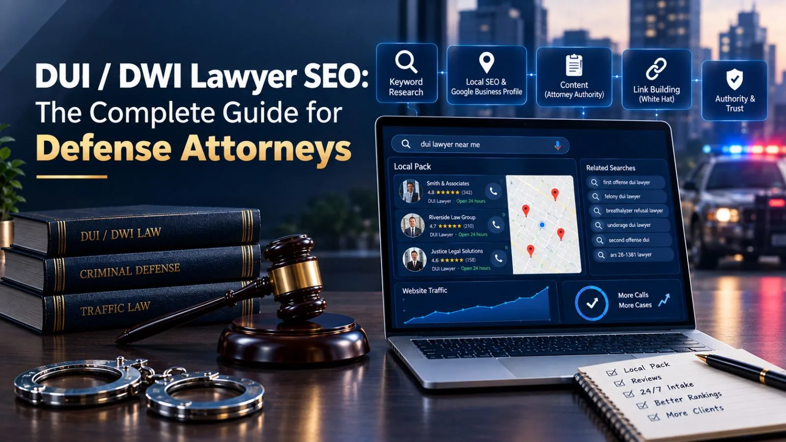 Illustration of a city map grid with local search pins and a gavel for DUI defense SEO