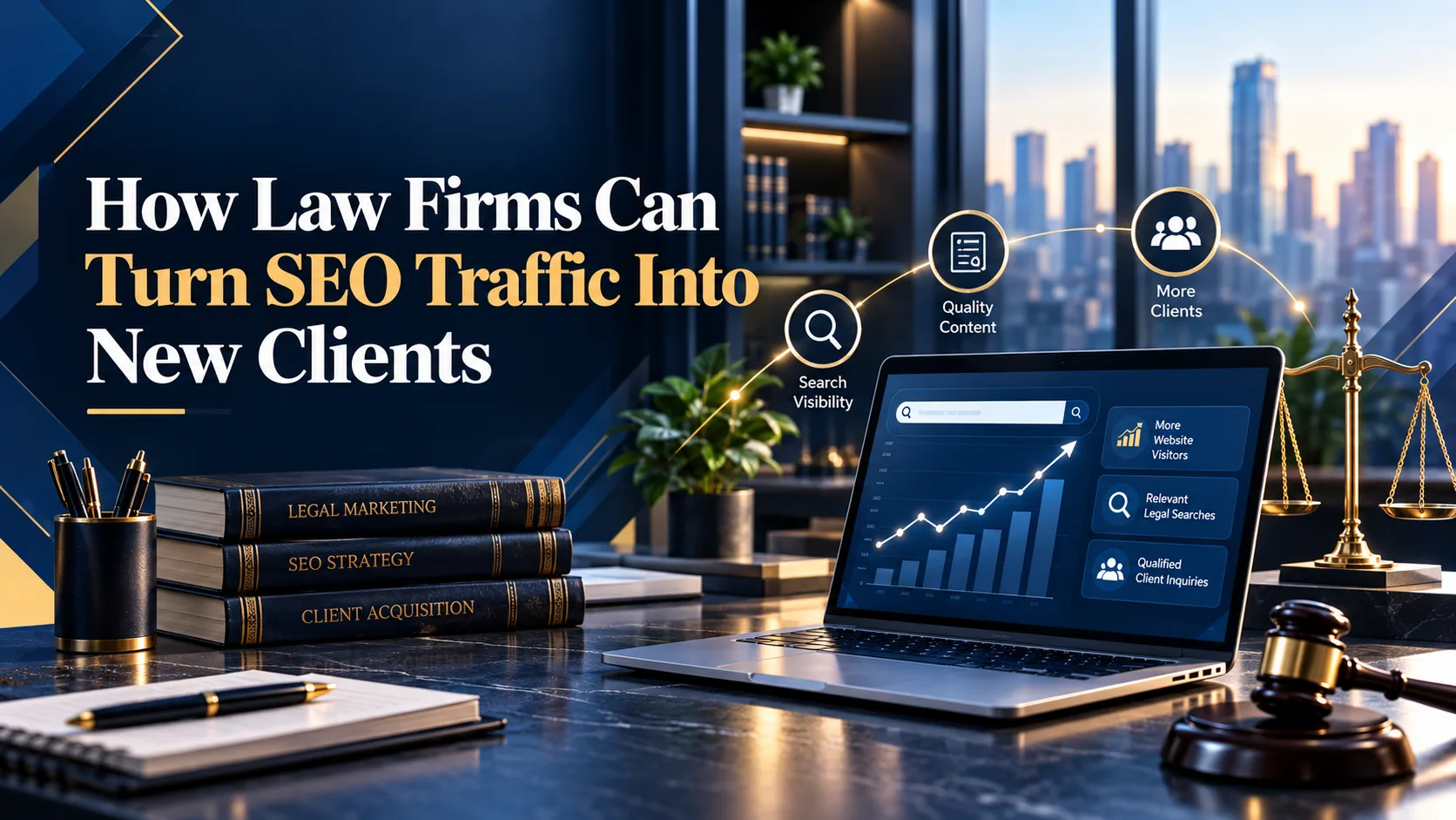 Dark navy desk scene with law books, scales of justice, laptop showing organic traffic growth, and a search-to-client conversion flow for law firms