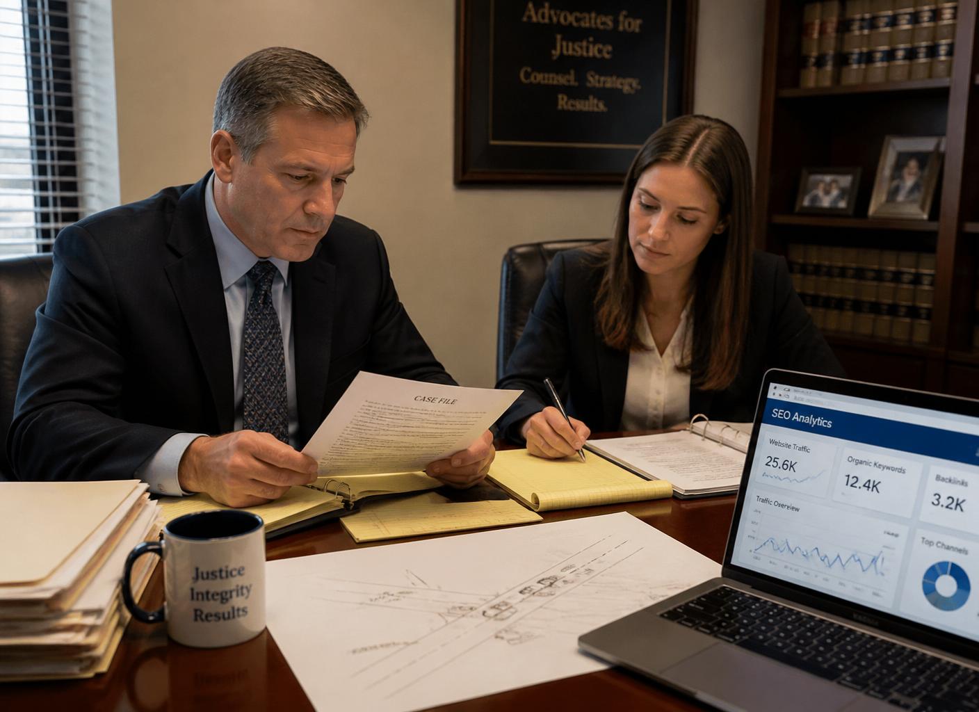 Attorney and paralegal reviewing a personal injury case file with an SEO analytics dashboard
