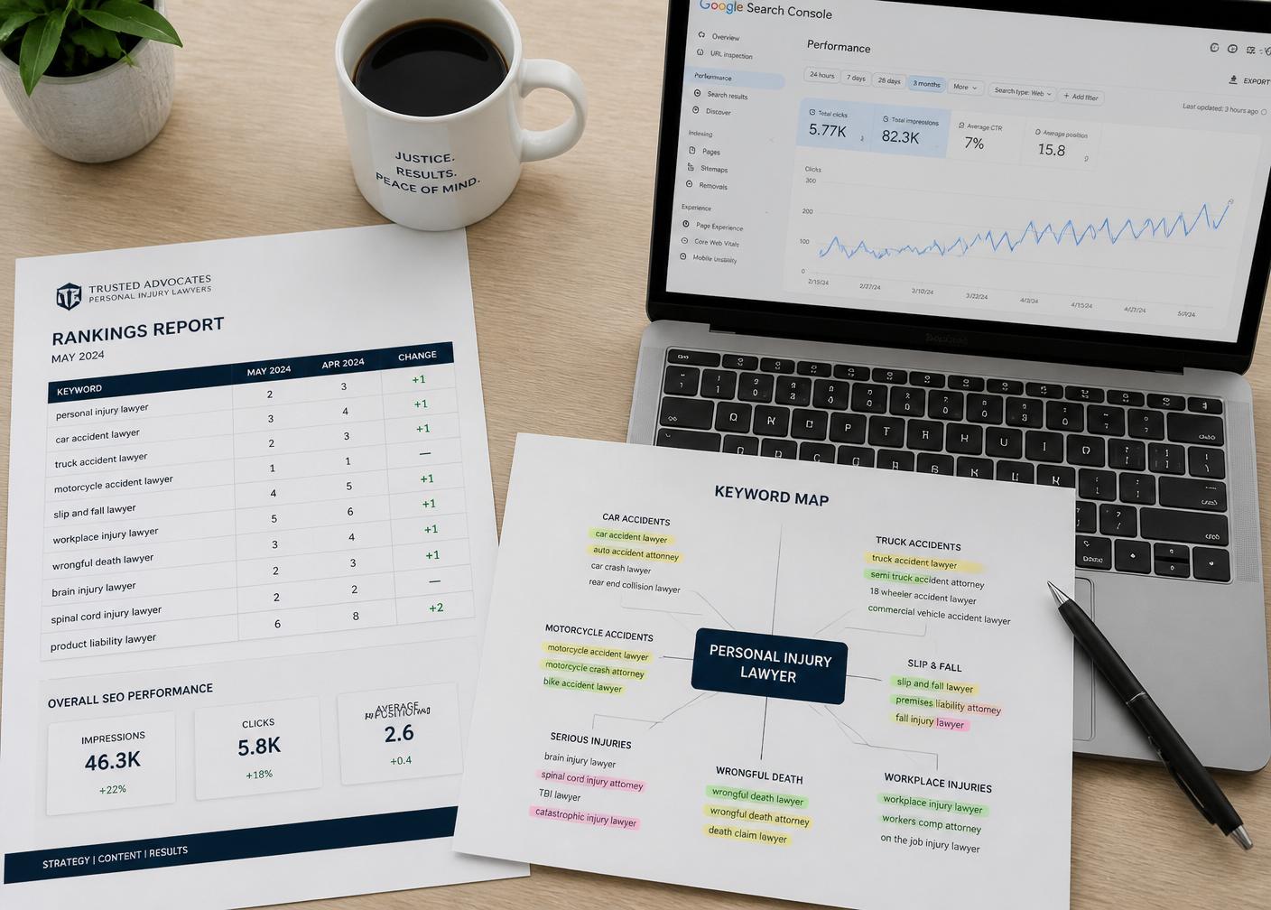 Personal injury SEO strategy report and keyword map on a workspace