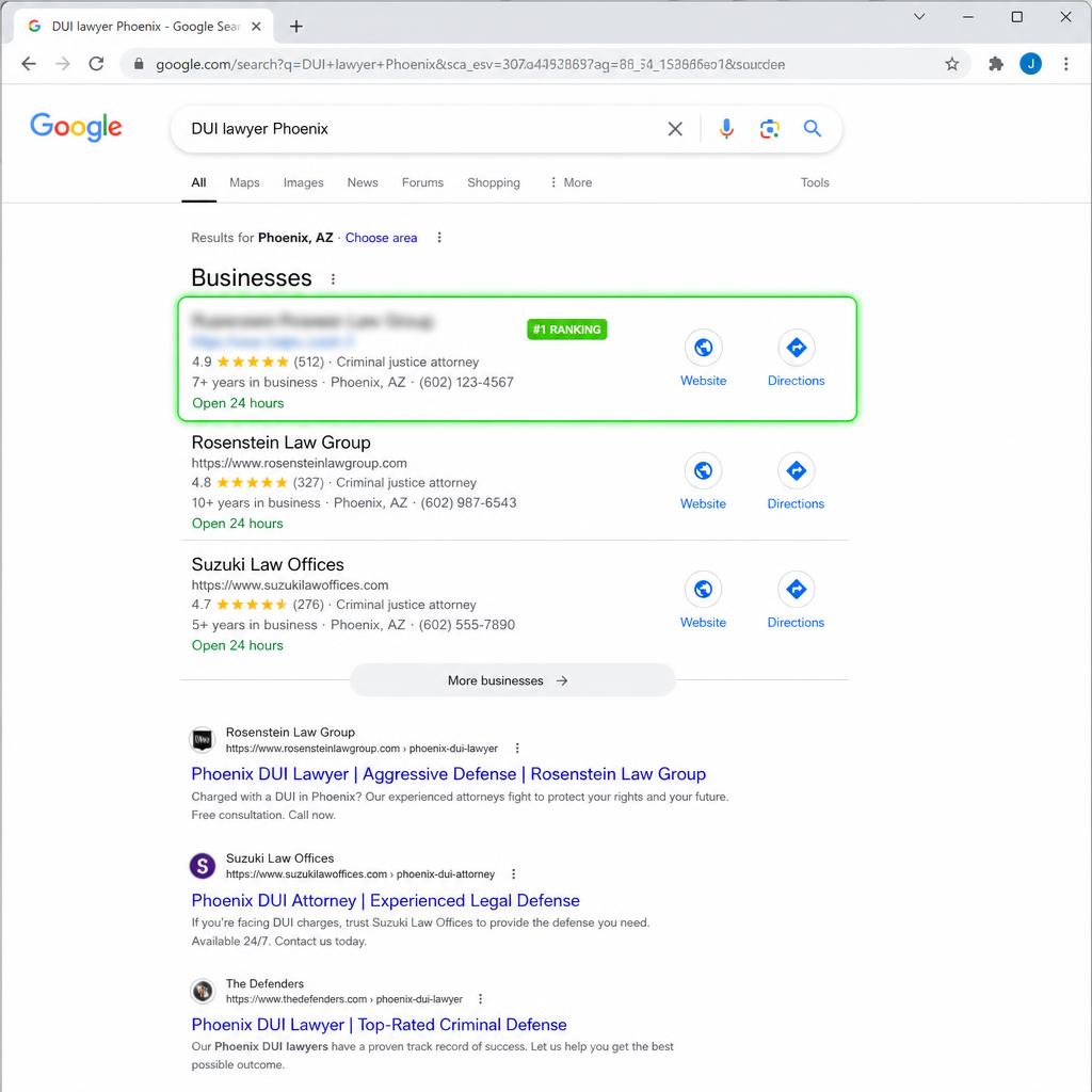 Google local pack #1 ranking for DUI lawyer Phoenix