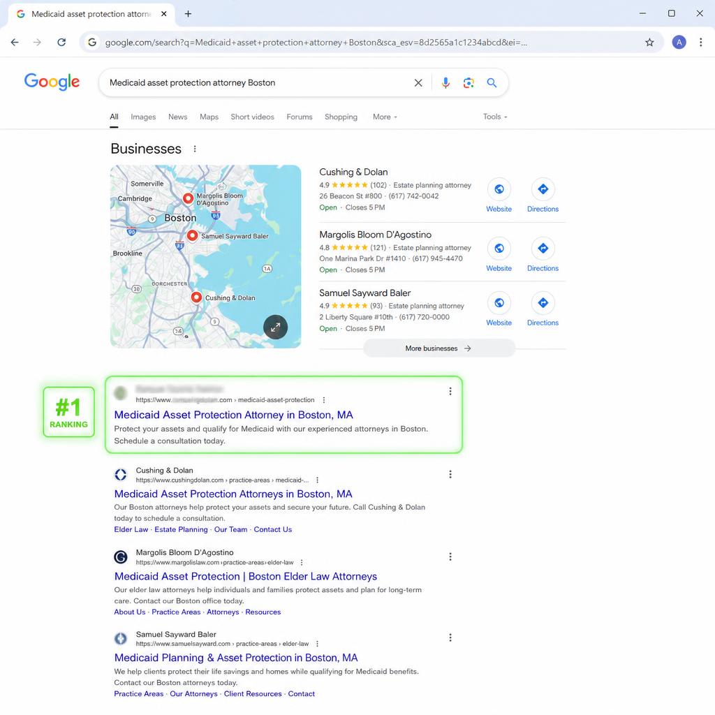 Google Search Console showing #1 ranking for Medicaid asset protection attorney Boston