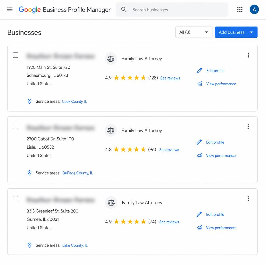 Google Business Profile Manager showing three county location listings for a family law firm