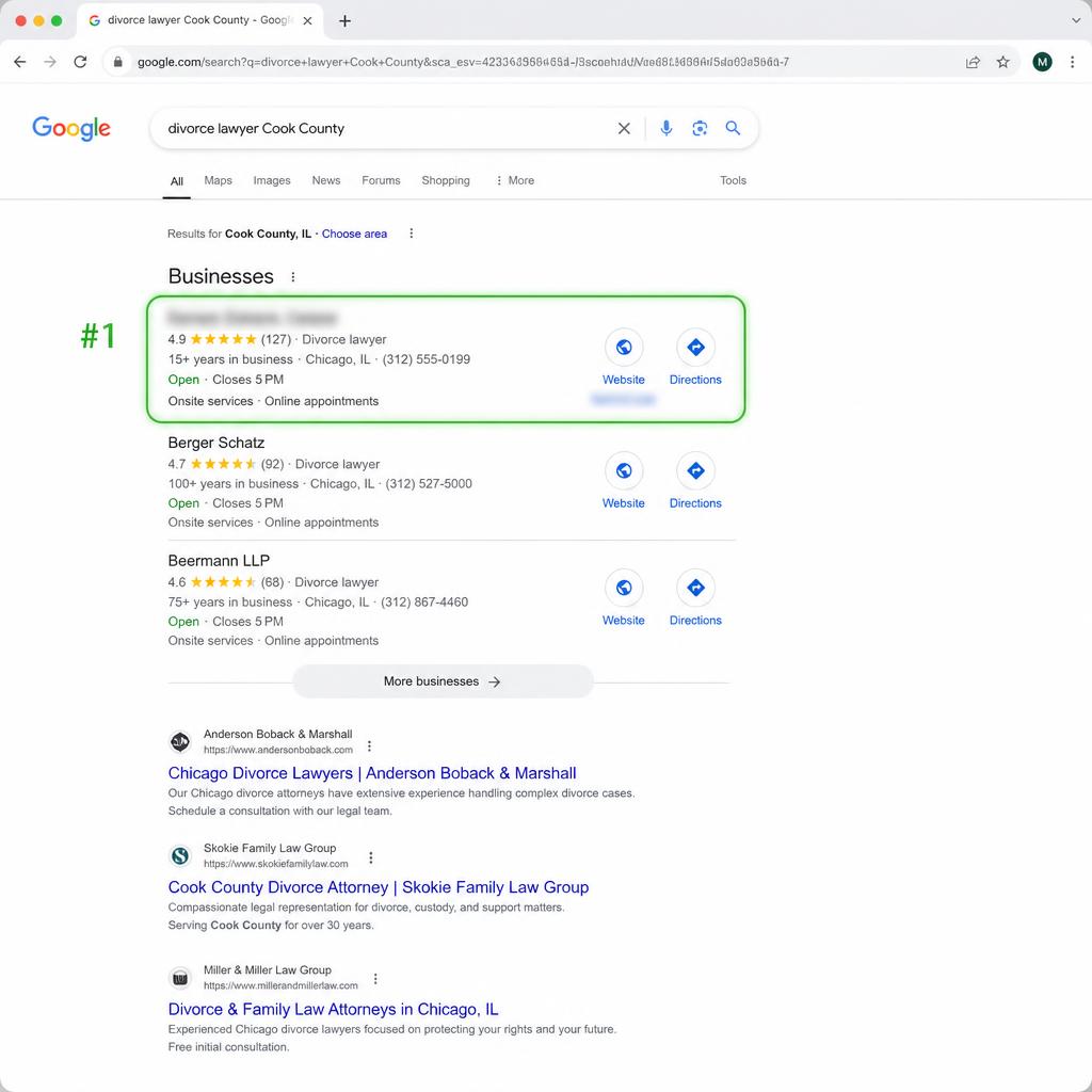 Google Search Console performance report showing top-3 rankings across Cook, DuPage, and Lake counties