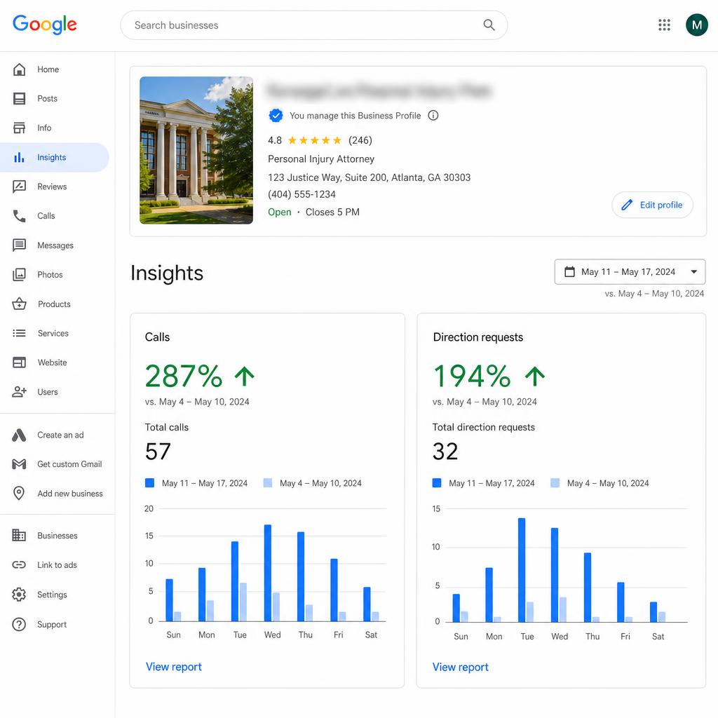 Google Business Profile insights showing surge in calls and direction requests