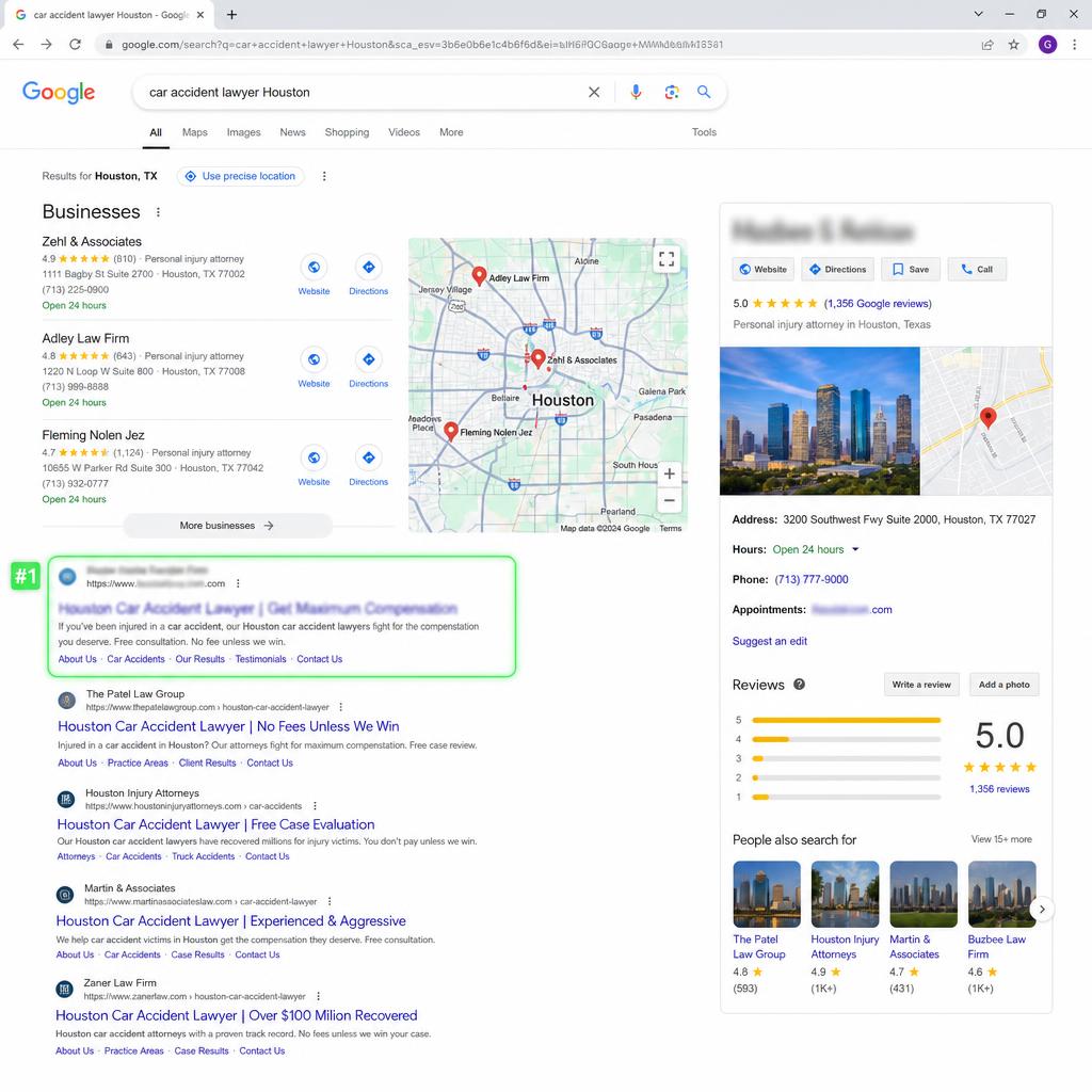 Google SERP showing #1 organic ranking for car accident lawyer Houston