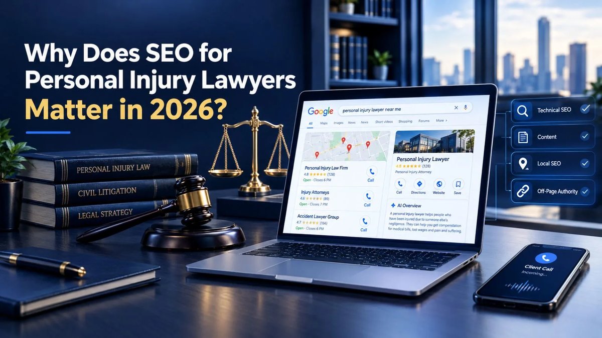 Illustration of a rising search demand curve beside a personal injury claim file and scales of justice
