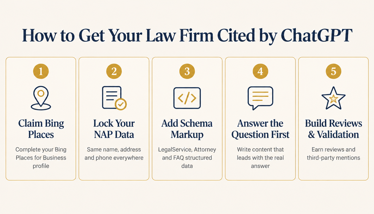 Five steps to get your law firm cited by ChatGPT: claim and complete Bing Places for Business, lock your NAP data across every platform, add schema markup, write content that answers the real question first, and build reviews and third-party validation.